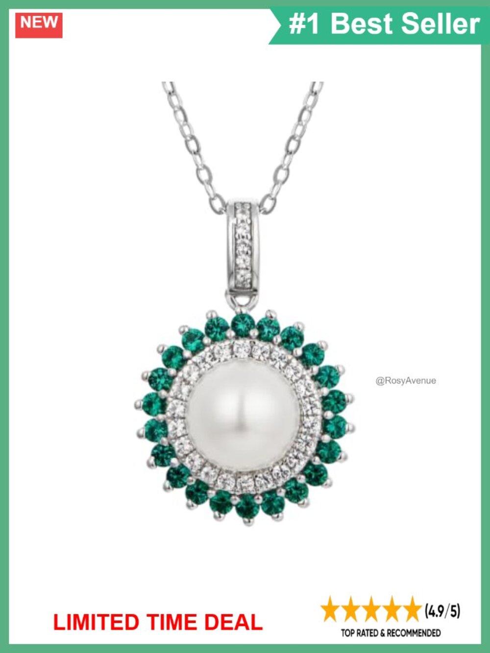 Pearl & Lab Grown Emerald Necklace 14K/18K White Gold Plated